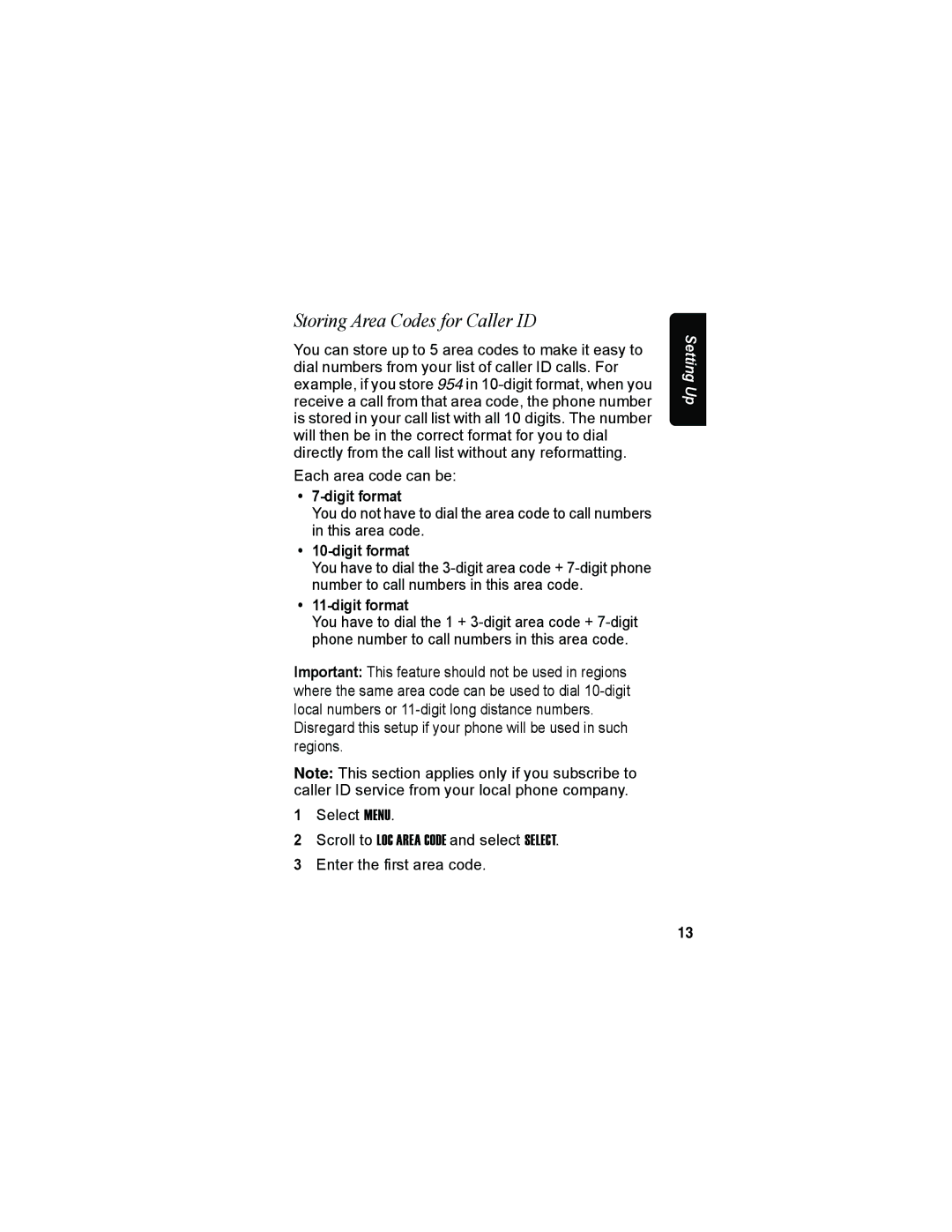 Motorola MD70 manual Storing Area Codes for Caller ID, Digit format 