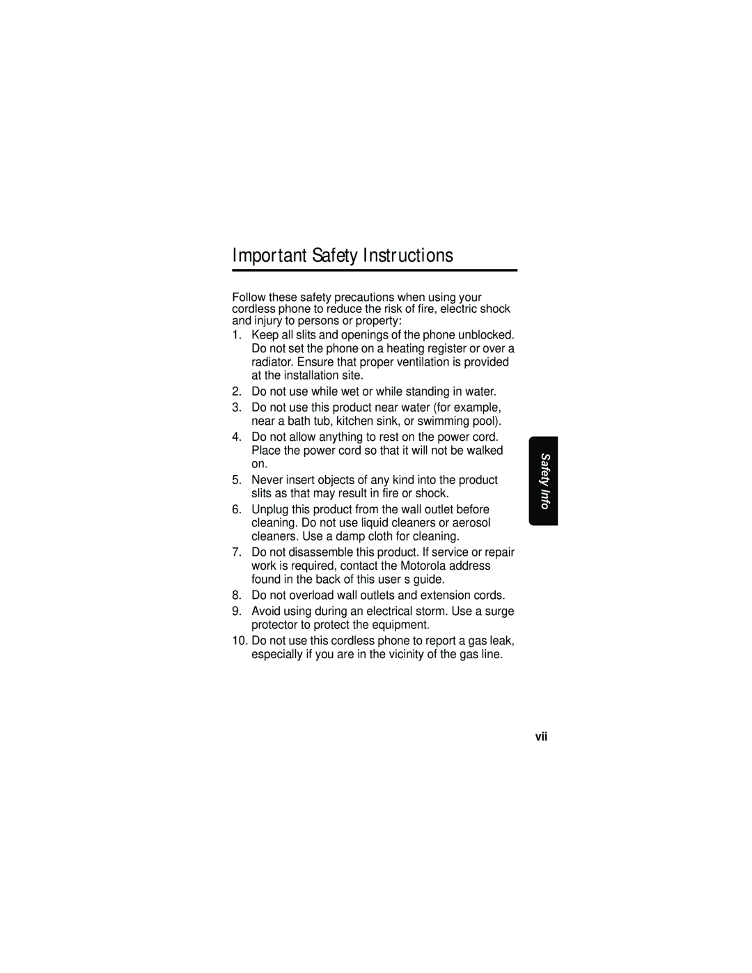 Motorola MD70 manual Important Safety Instructions, Vii 