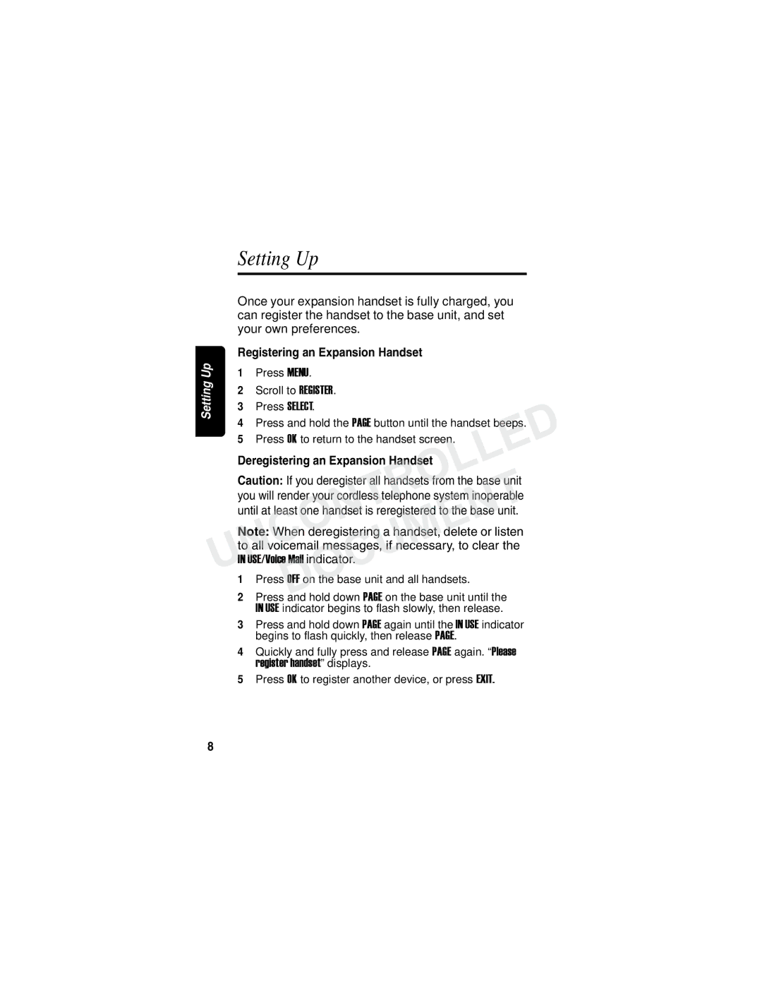 Motorola MD7000 manual Setting Up, Registering an Expansion Handset, Deregistering an Expansion Handset 