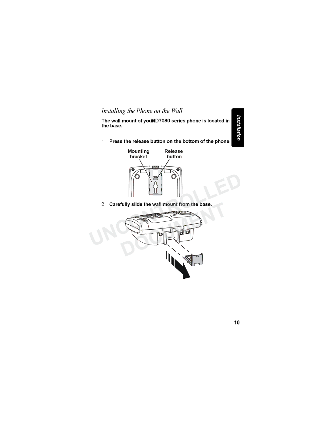 Motorola MD7080 Series manual Installing the Phone on the Wall 