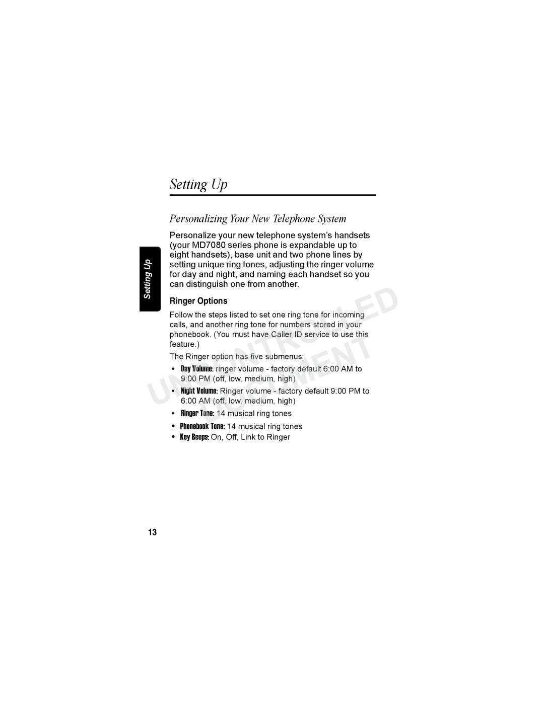 Motorola MD7080 Series manual Setting Up, Personalizing Your New Telephone System 