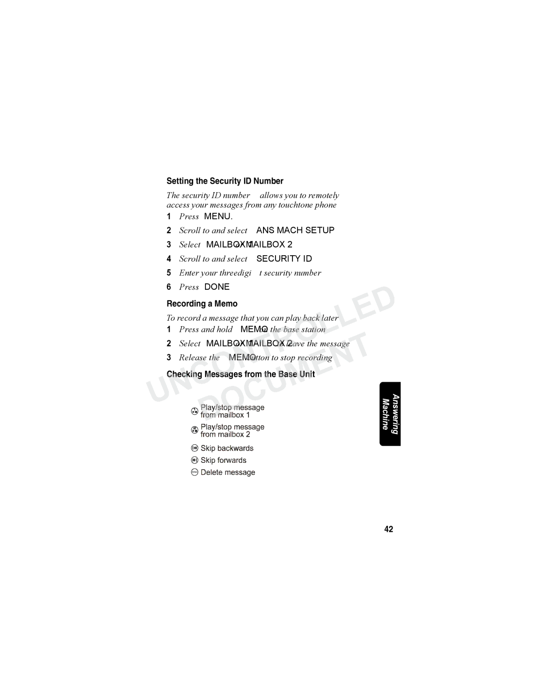 Motorola MD7080 Series manual Setting the Security ID Number, Recording a Memo, Release the Memo button to stop recording 