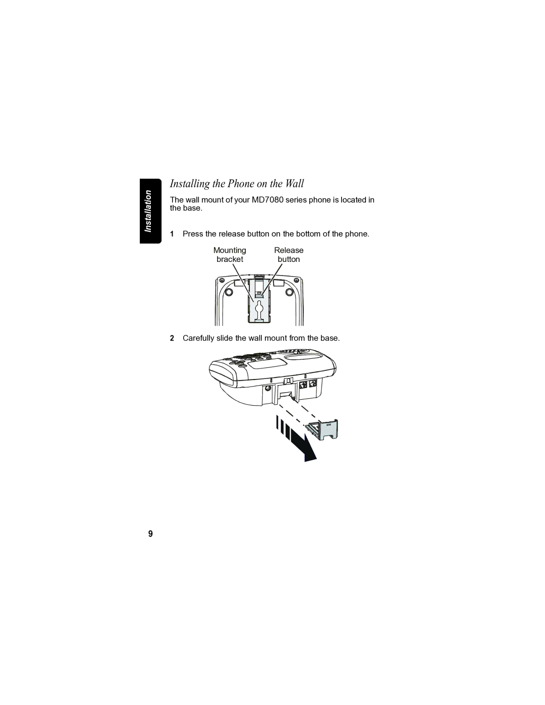 Motorola MD7080 manual Installing the Phone on the Wall, Mounting Release Bracket button 