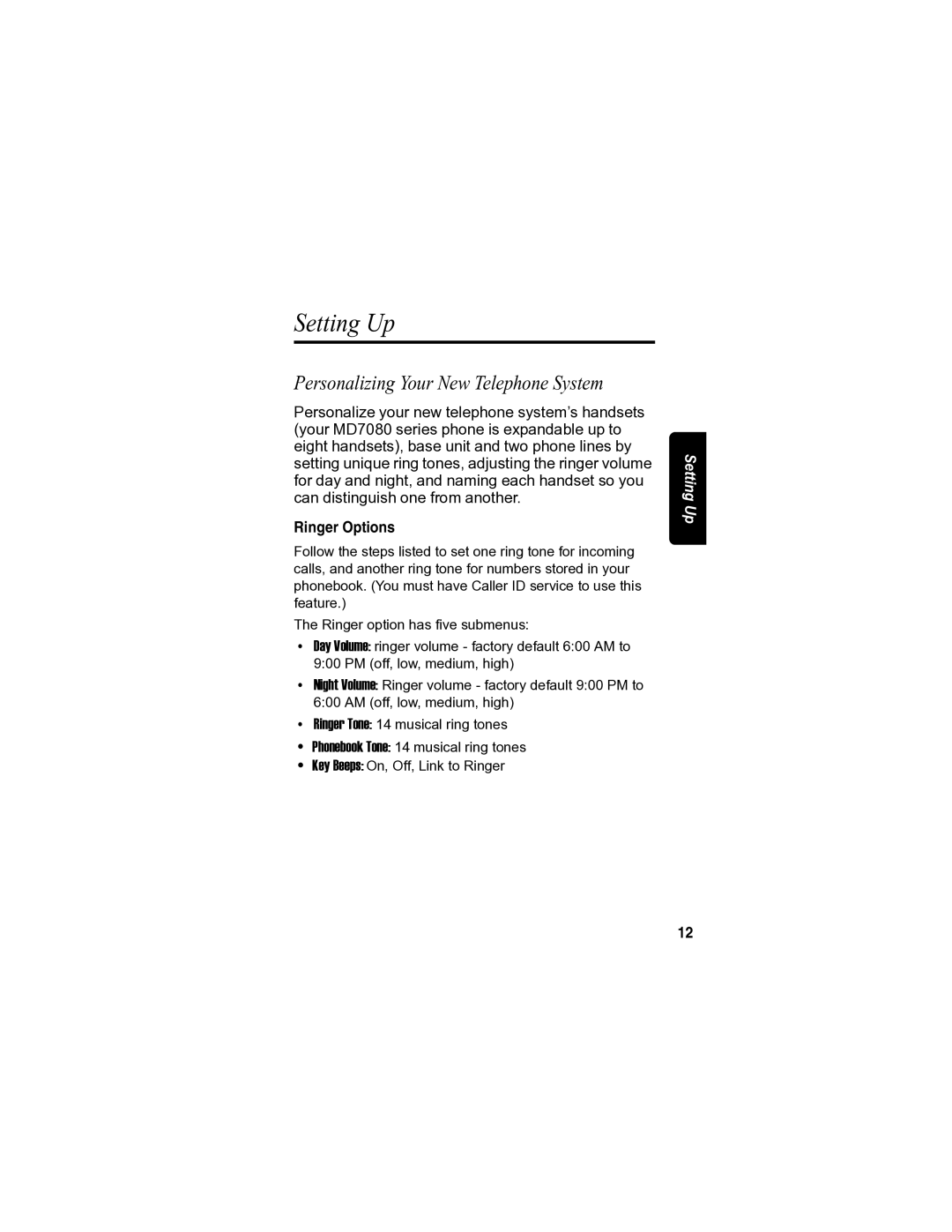 Motorola MD7080 manual Setting Up, Personalizing Your New Telephone System, Ringer Options 