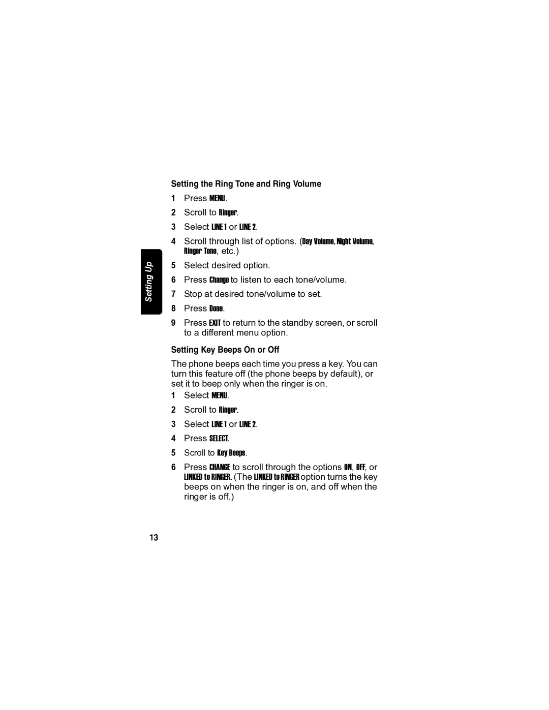 Motorola MD7080 manual Setting the Ring Tone and Ring Volume, Setting Key Beeps On or Off 