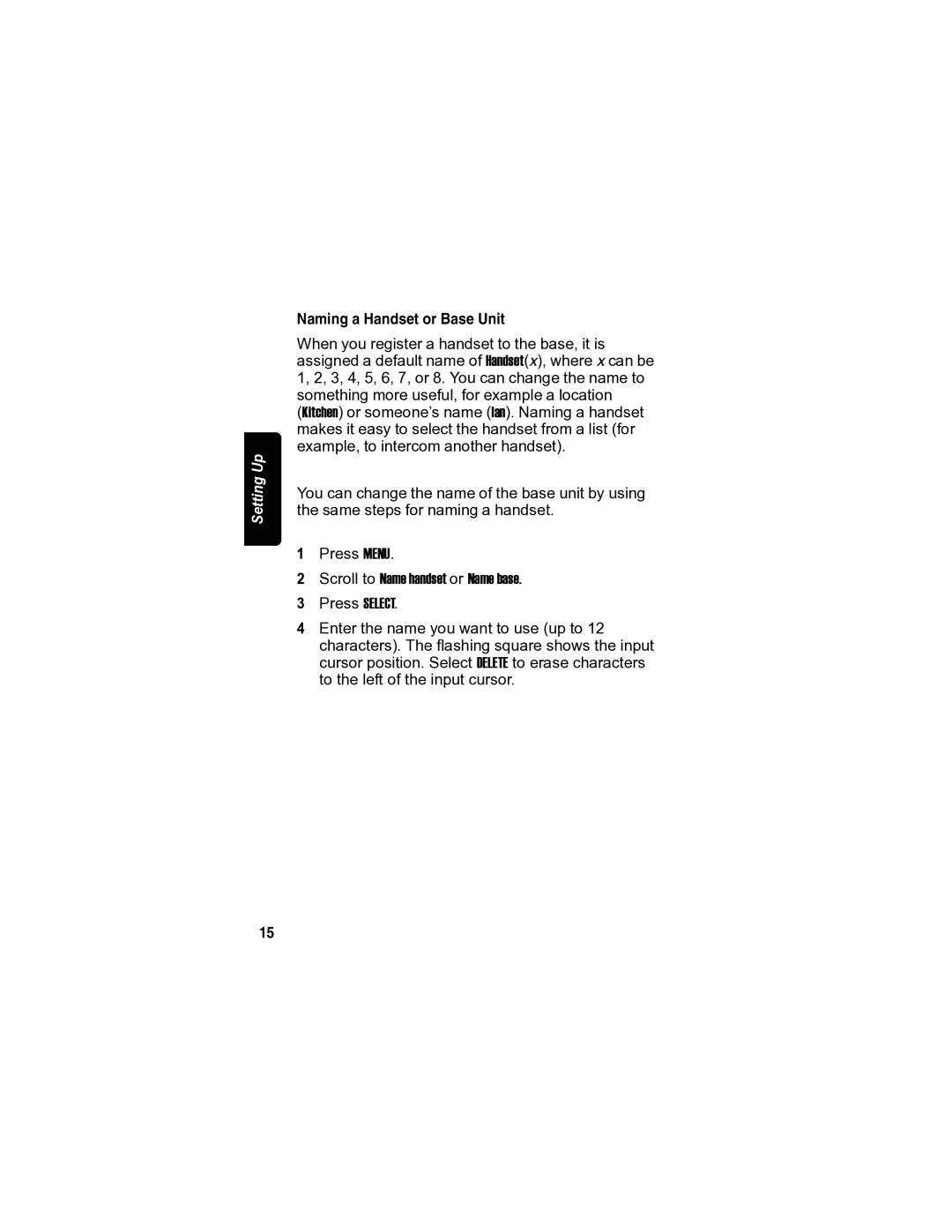 Motorola MD7080 manual Naming a Handset or Base Unit, Scroll to Name handset or Name base 