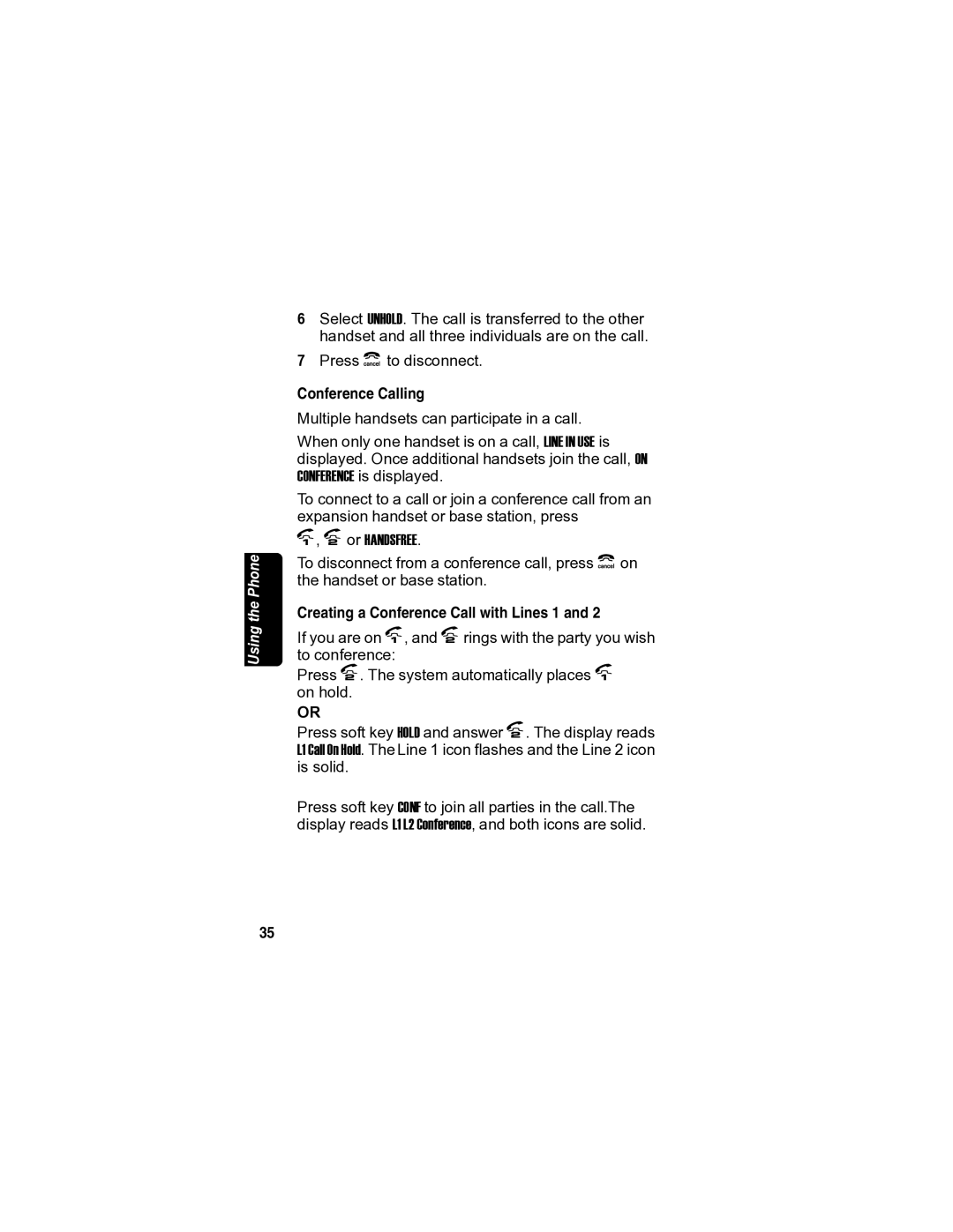 Motorola MD7080 manual Conference Calling, Creating a Conference Call with Lines 1 