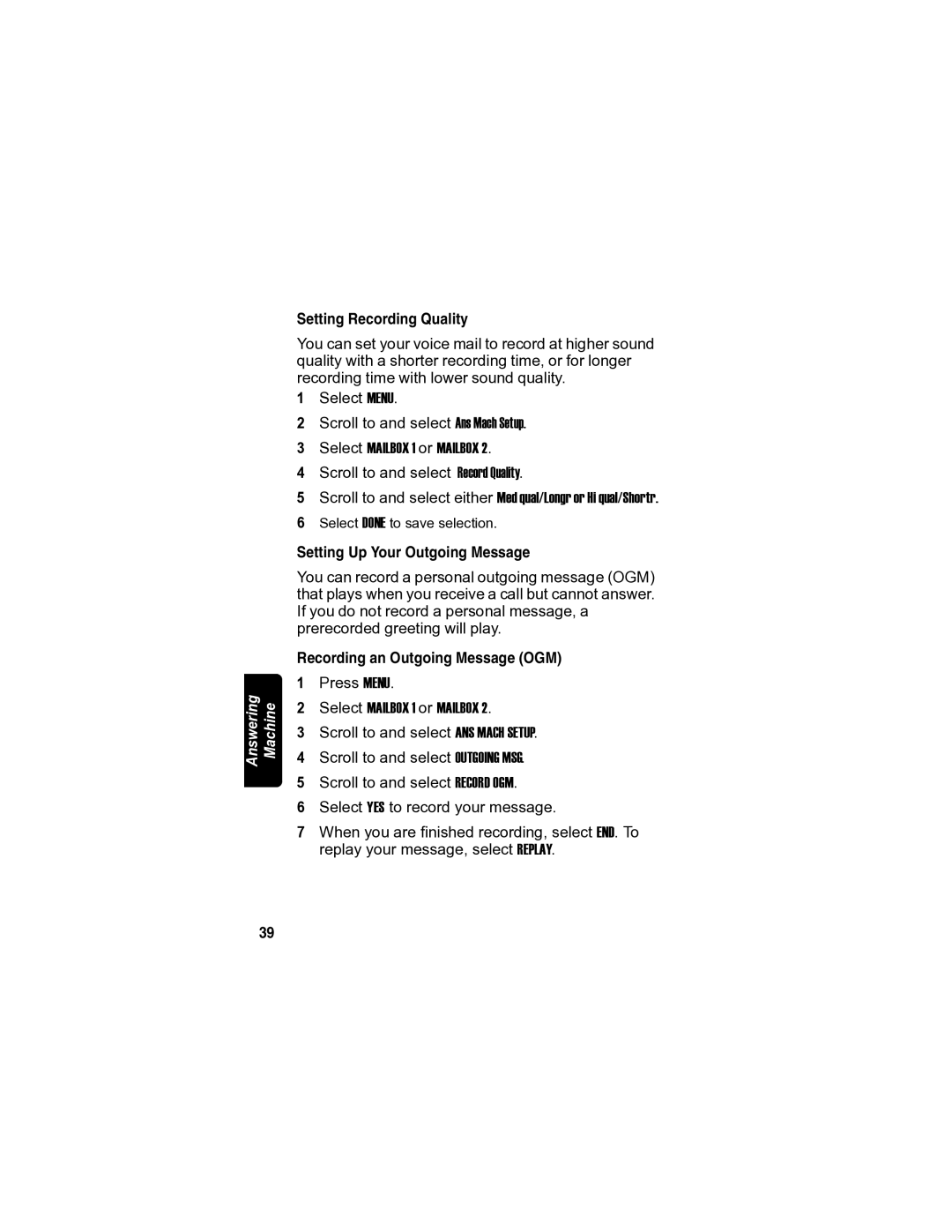 Motorola MD7080 manual Setting Recording Quality, Setting Up Your Outgoing Message, Recording an Outgoing Message OGM 