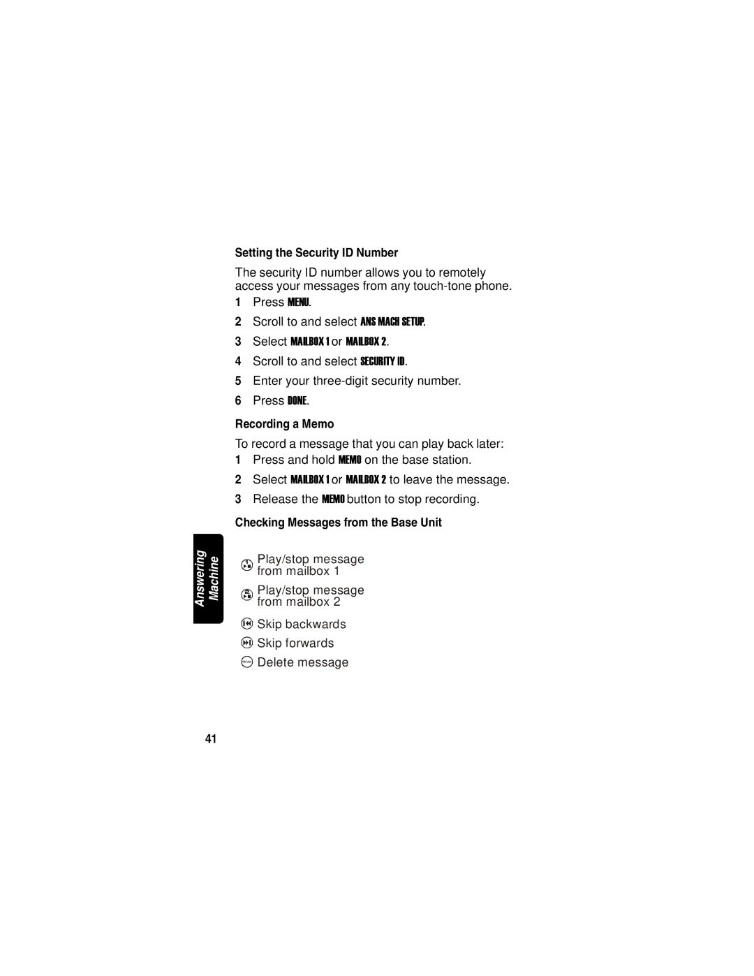 Motorola MD7080 manual Setting the Security ID Number, Recording a Memo, Checking Messages from the Base Unit 