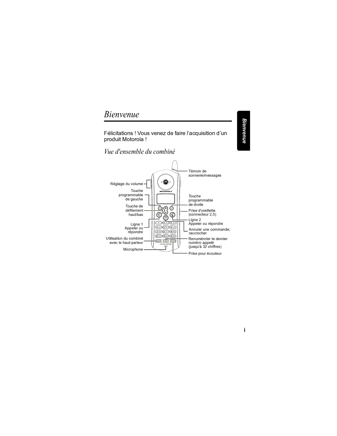 Motorola MD7080 manual Bienvenue, Vue densemble du combiné 