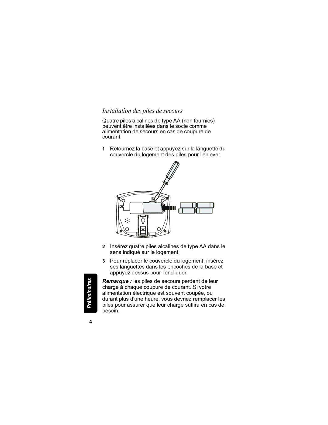 Motorola MD7080 manual Installation des piles de secours 