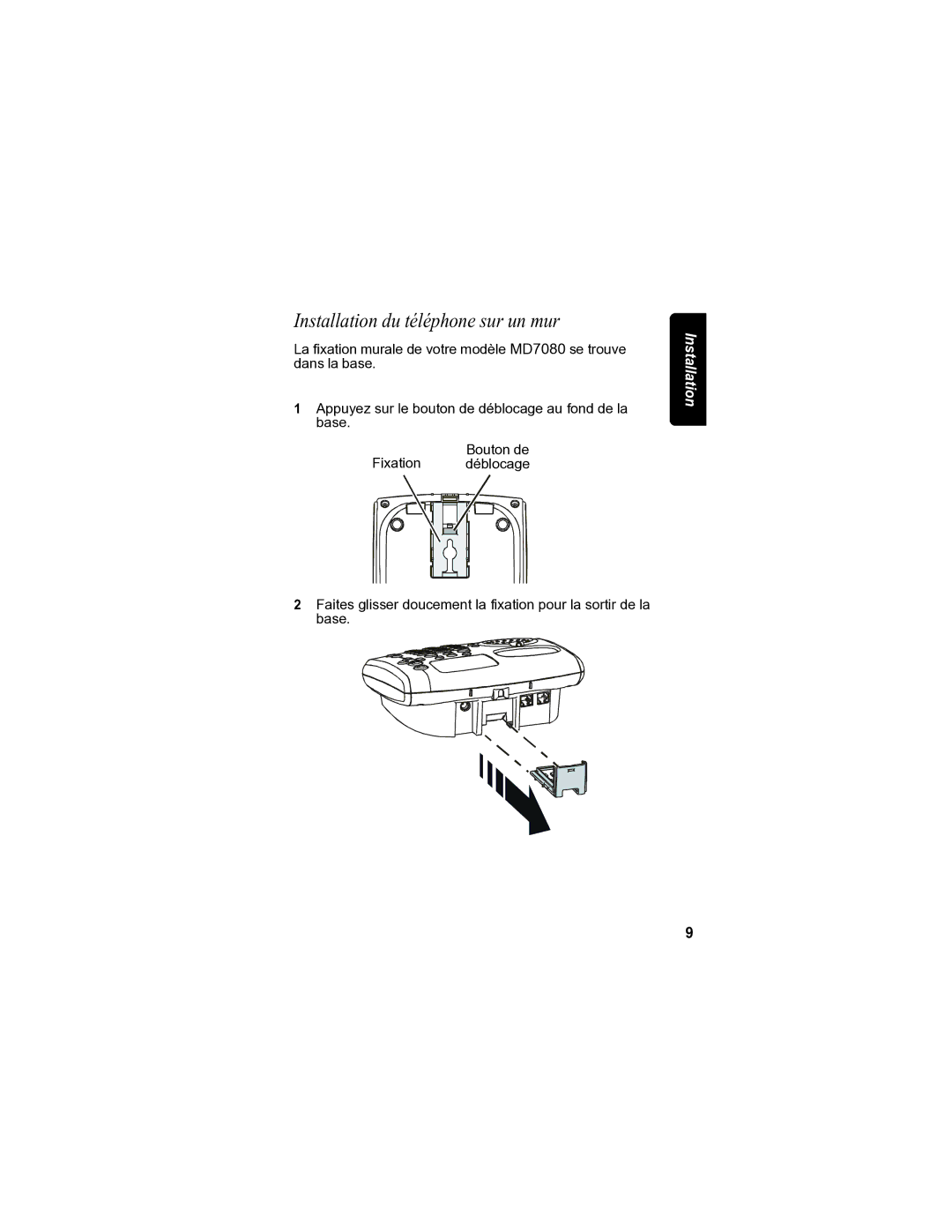 Motorola MD7080 manual Installation du téléphone sur un mur 