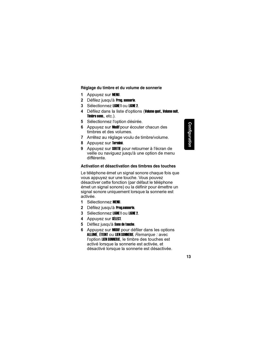 Motorola MD7080 manual Réglage du timbre et du volume de sonnerie, Activation et désactivation des timbres des touches 