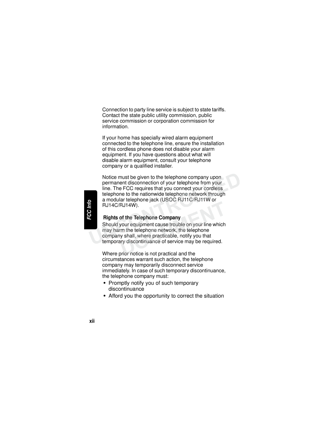 Motorola MD7090 manual Rights of the Telephone Company, Xii 