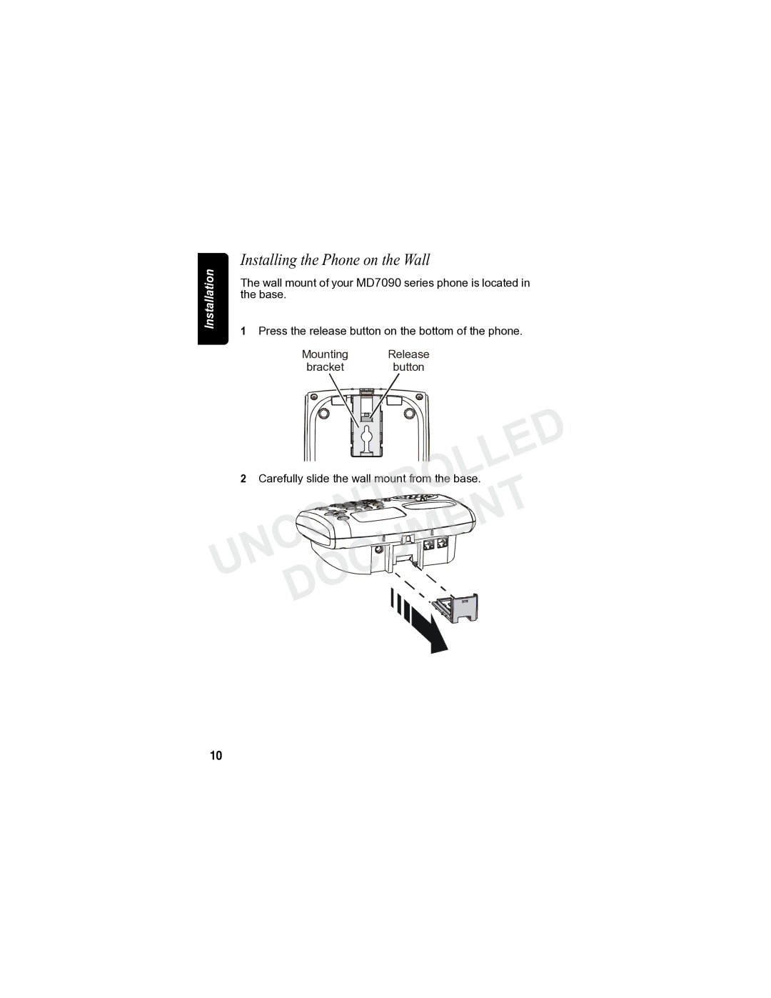 Motorola MD7090 manual Installing the Phone on the Wall, Mounting Release Bracket button 