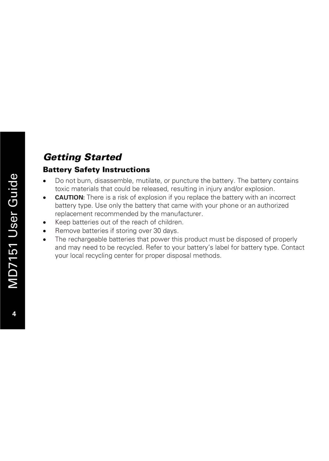 Motorola MD7151 manual Getting Started, Battery Safety Instructions 