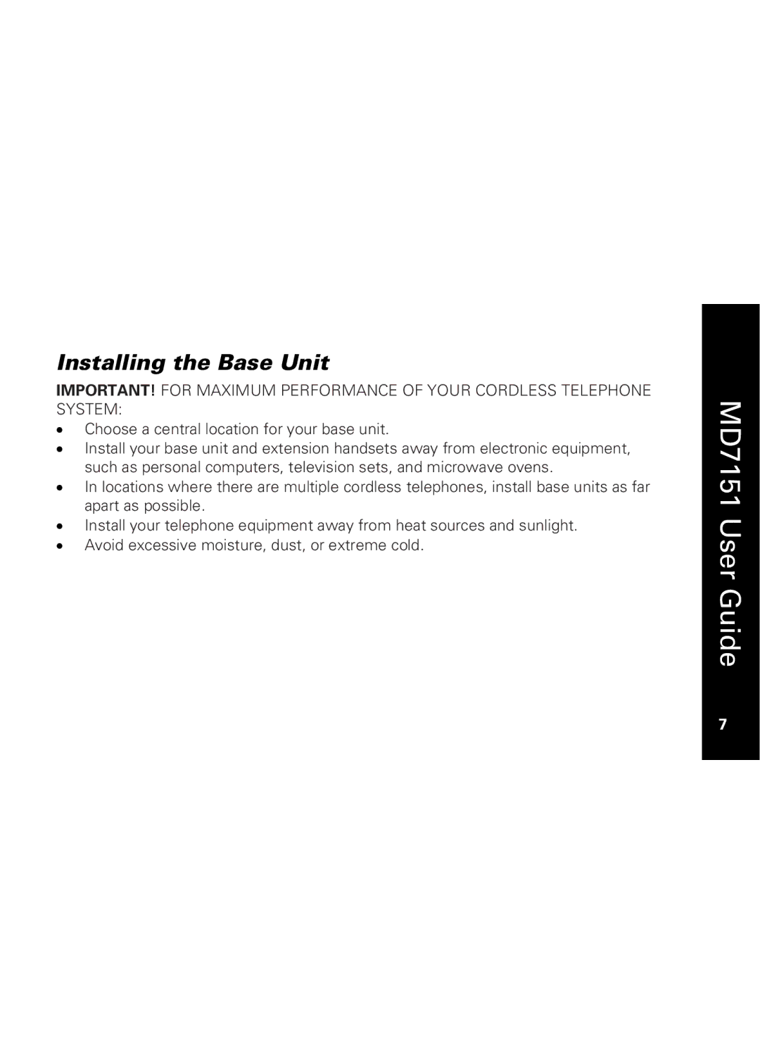 Motorola MD7151 manual Installing the Base Unit, Choose a central location for your base unit 