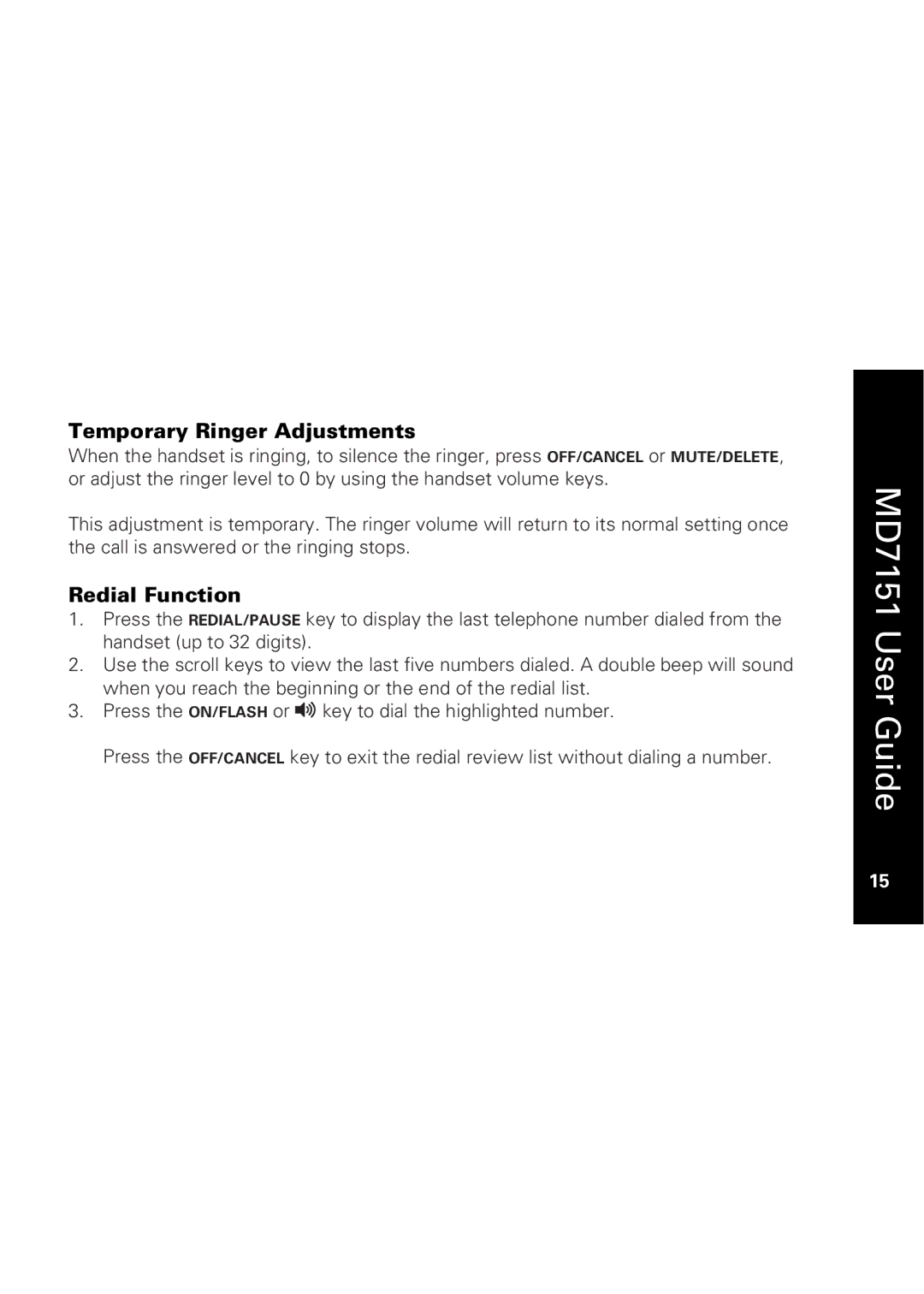 Motorola MD7151 manual Temporary Ringer Adjustments, Redial Function 