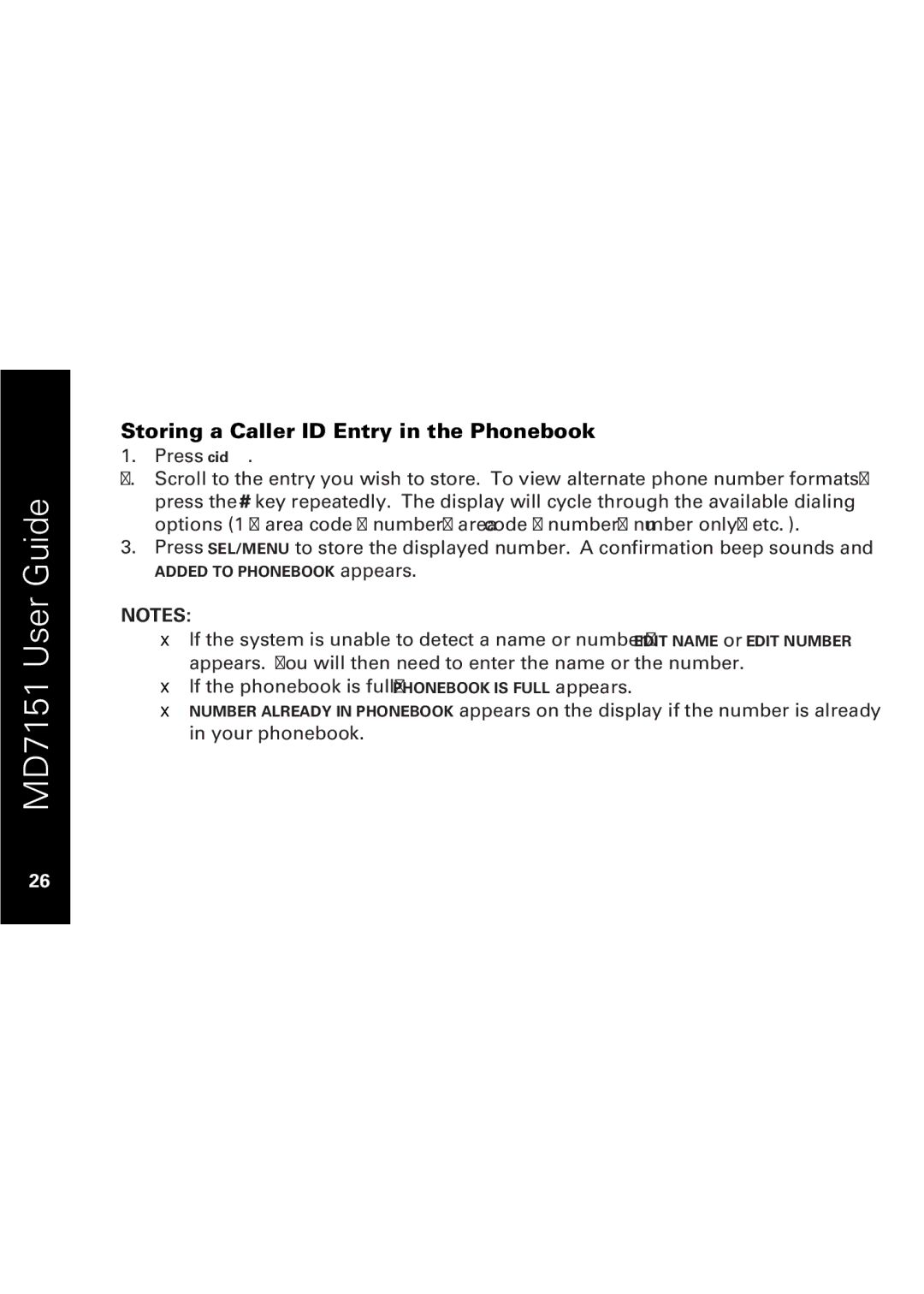 Motorola MD7151 manual Storing a Caller ID Entry in the Phonebook, Press cid 