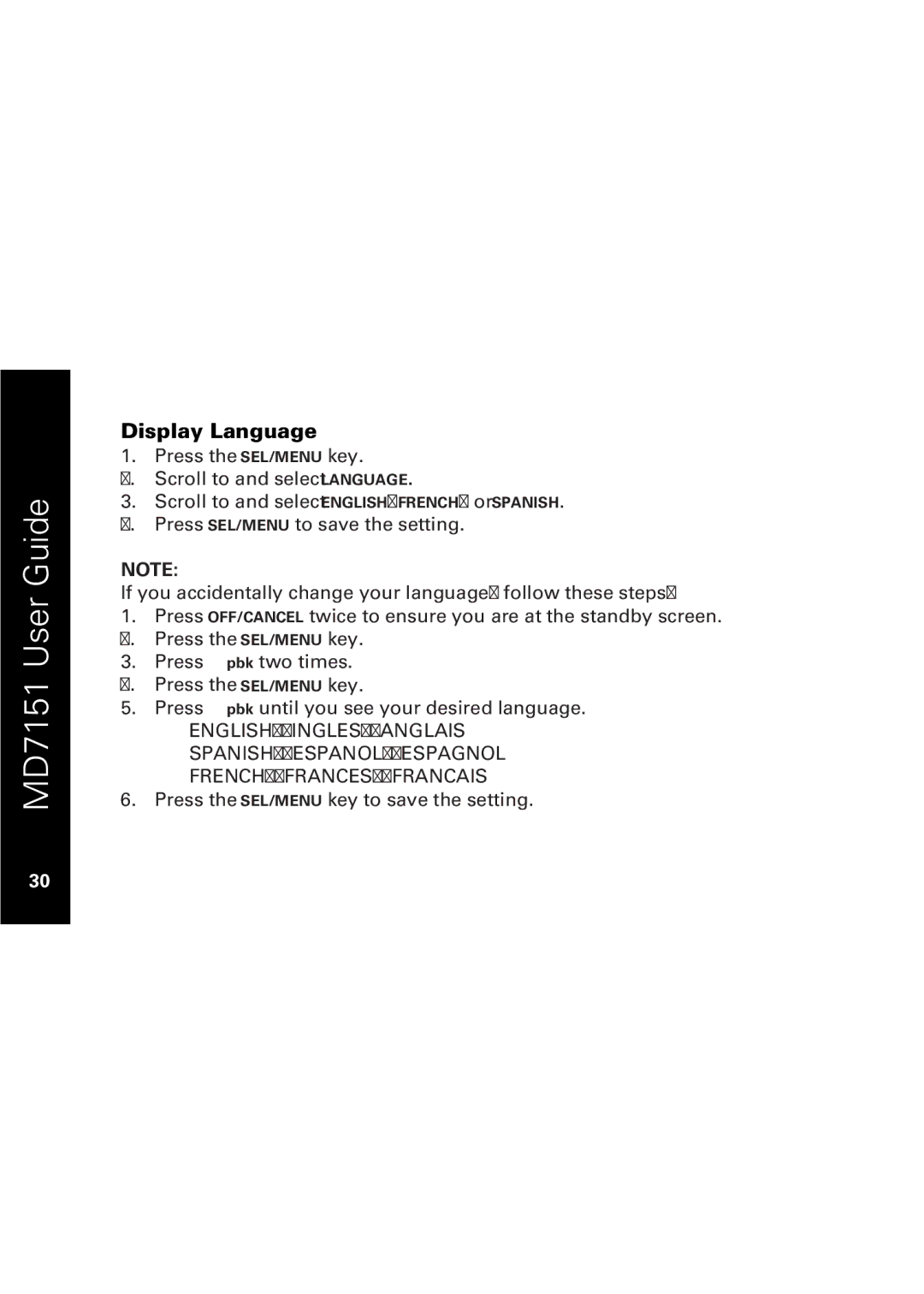 Motorola MD7151 manual Display Language 