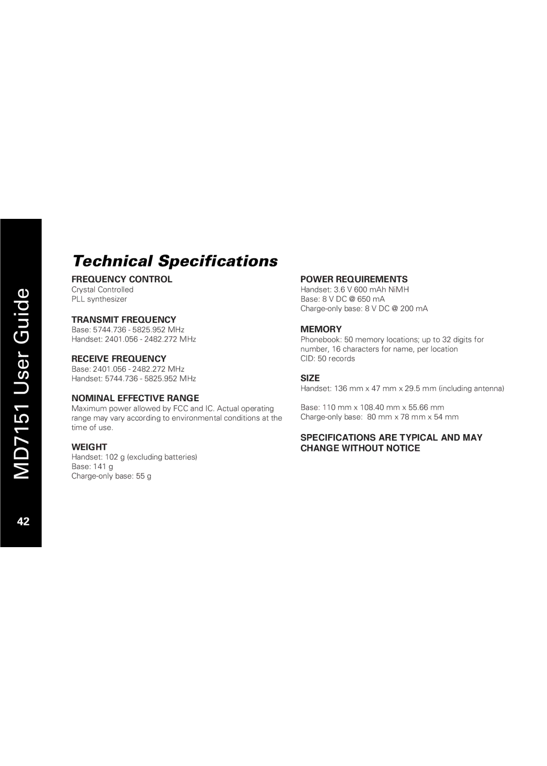 Motorola MD7151 manual Technical Specifications, Nominal Effective Range 