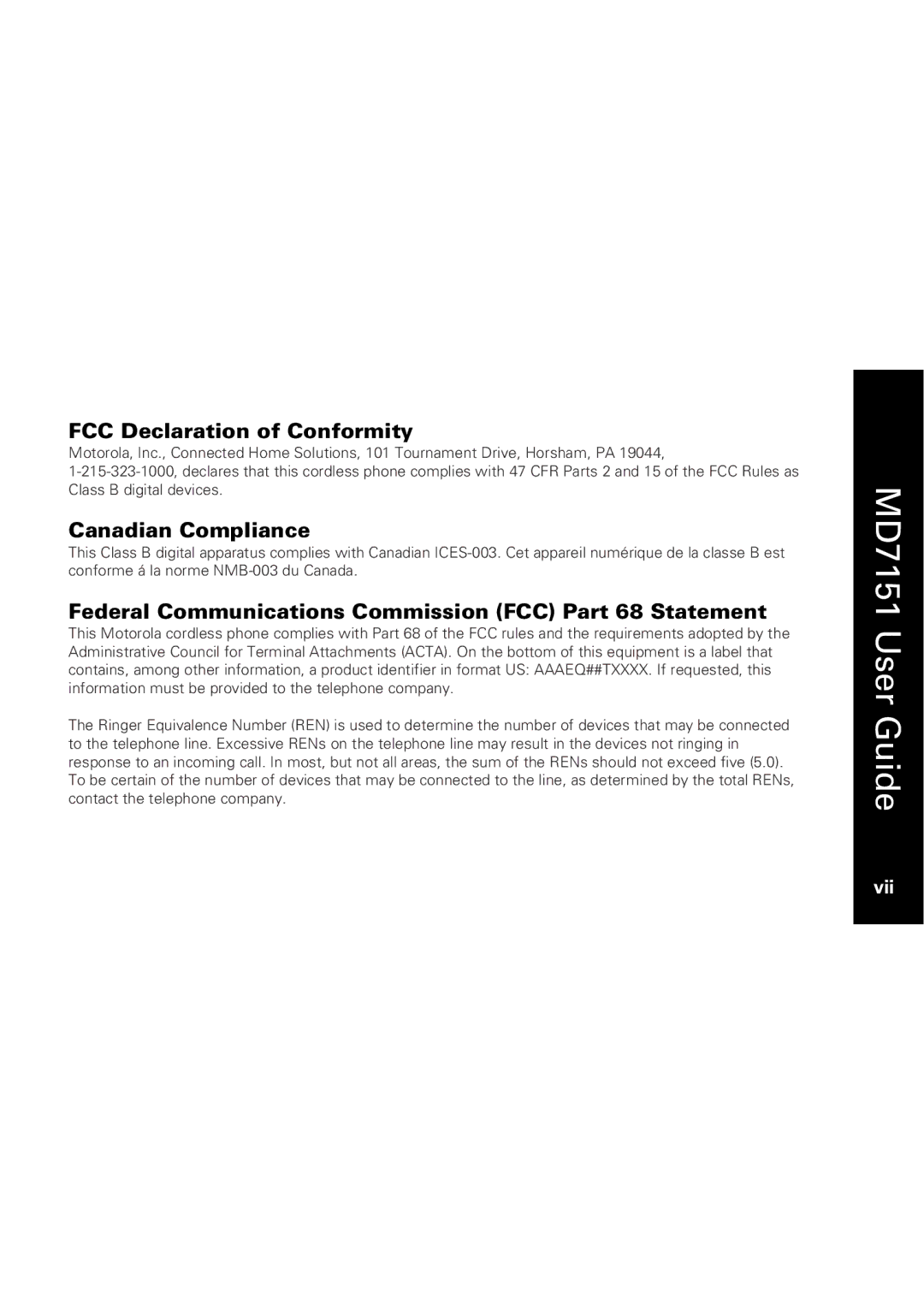 Motorola MD7151 manual FCC Declaration of Conformity, Canadian Compliance 