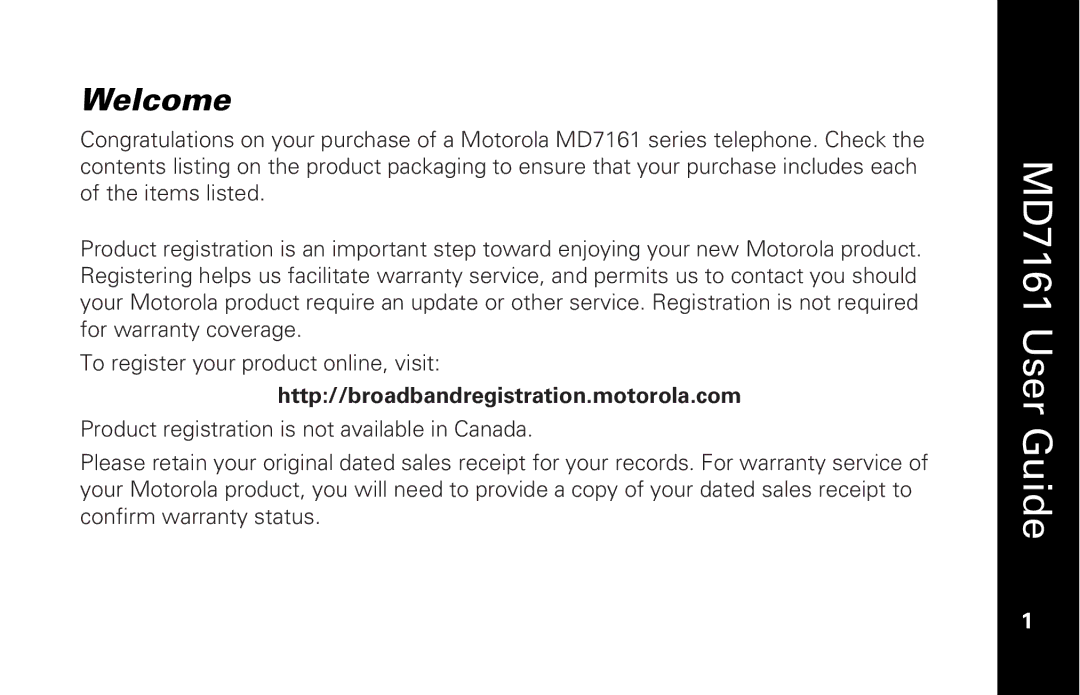 Motorola MD7161 manual Welcome, Http//broadbandregistration.motorola.com 