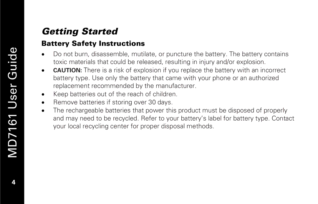 Motorola MD7161 manual Getting Started, Battery Safety Instructions 