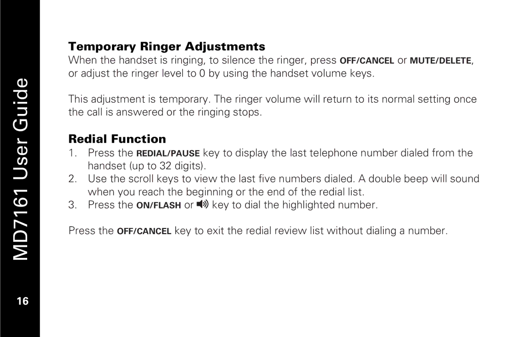 Motorola MD7161 manual Temporary Ringer Adjustments, Redial Function 