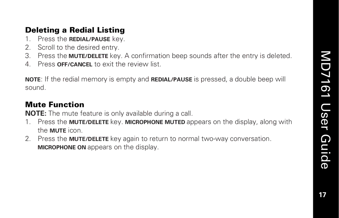 Motorola MD7161 manual Deleting a Redial Listing, Mute Function 