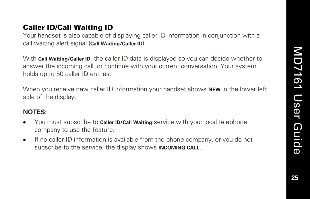 Motorola MD7161 manual Caller ID/Call Waiting ID 