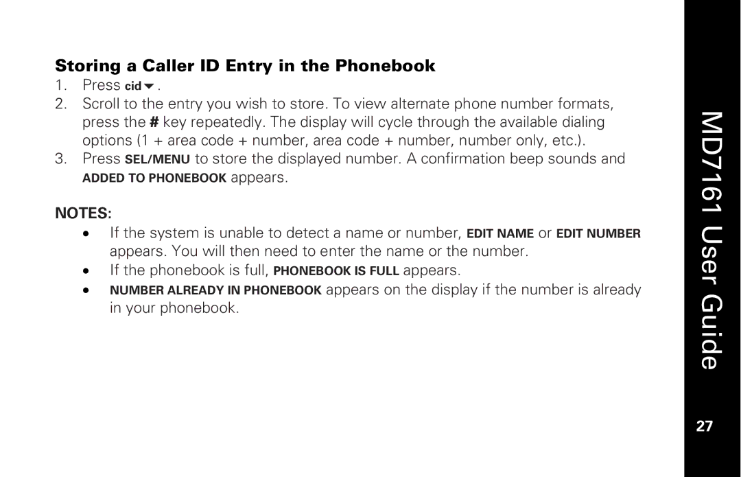 Motorola MD7161 manual Storing a Caller ID Entry in the Phonebook 