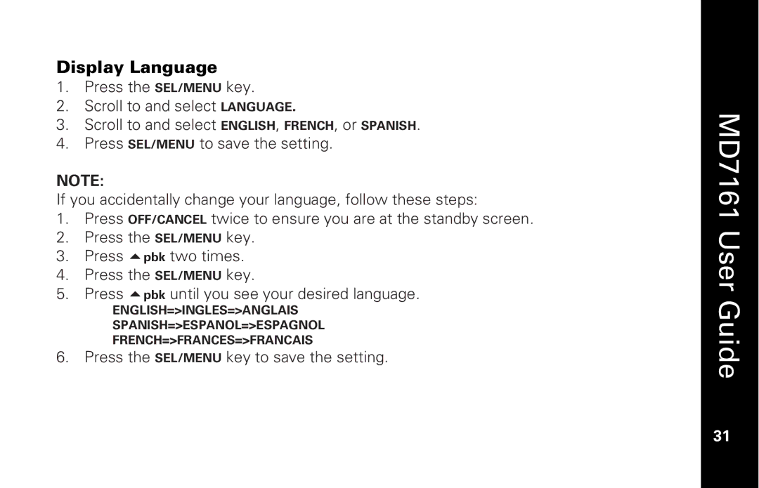 Motorola MD7161 manual Display Language 