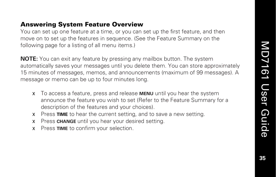 Motorola MD7161 manual Answering System Feature Overview 