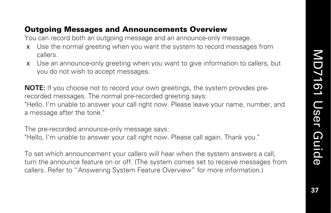 Motorola MD7161 manual Outgoing Messages and Announcements Overview 