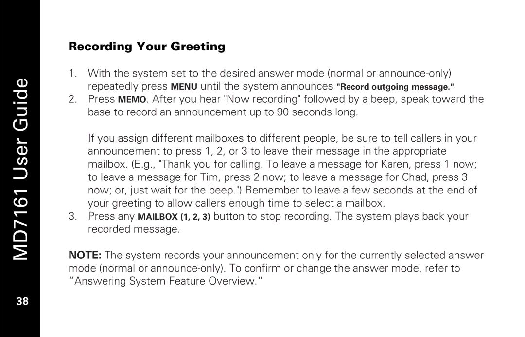 Motorola MD7161 manual Recording Your Greeting 