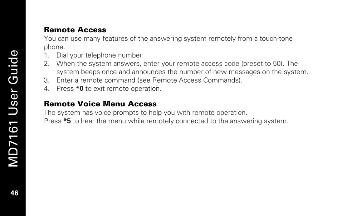 Motorola MD7161 manual Remote Access, Remote Voice Menu Access 