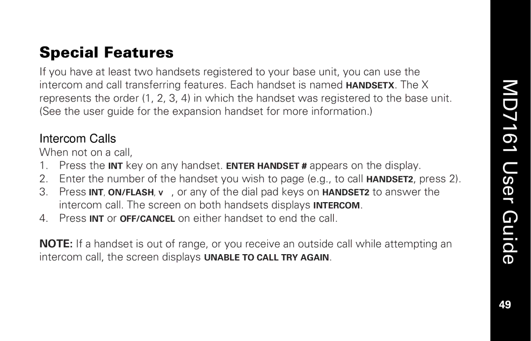 Motorola MD7161 manual Special Features, Intercom Calls 