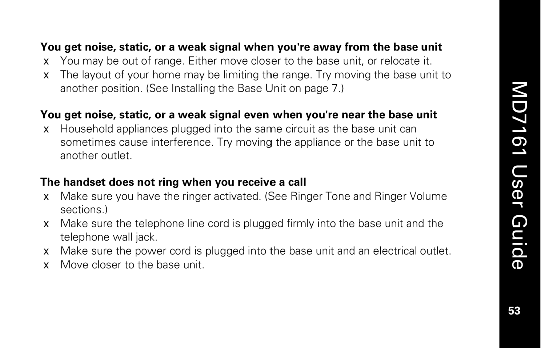 Motorola MD7161 manual Handset does not ring when you receive a call 