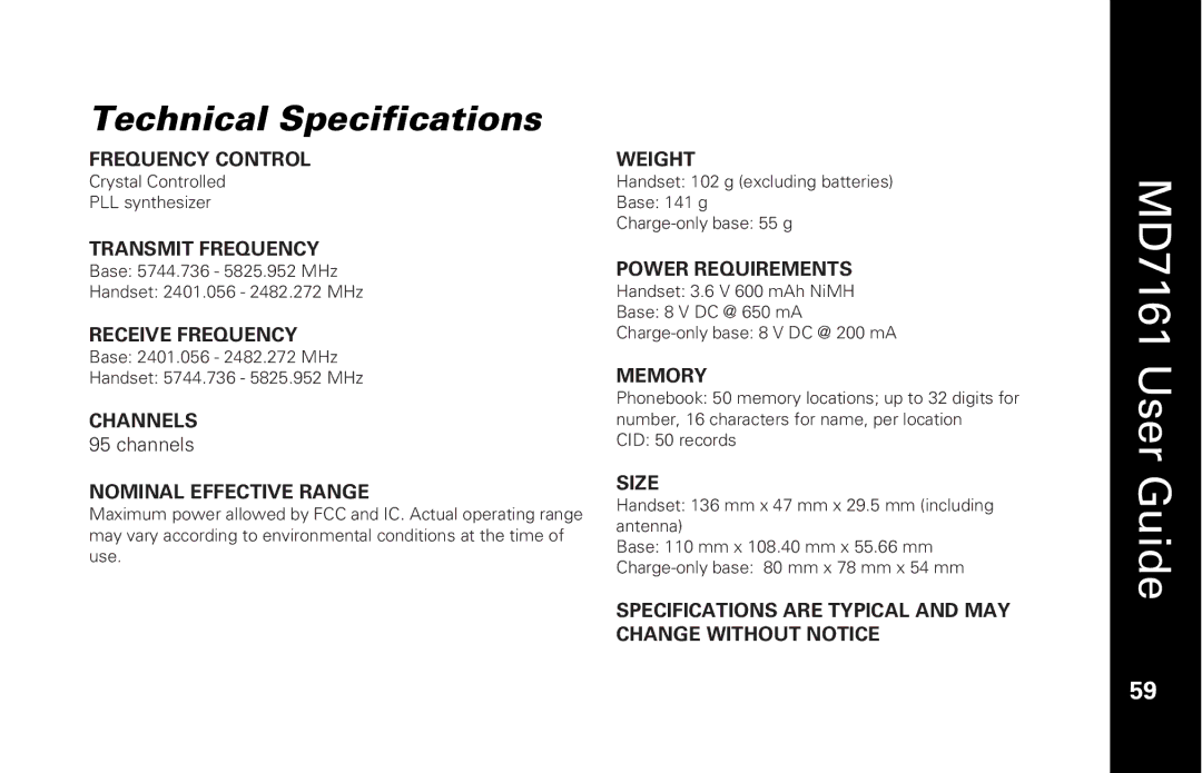 Motorola MD7161 manual Technical Specifications, Nominal Effective Range 