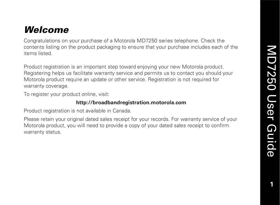 Motorola MD7250 manual Welcome, Http//broadbandregistration.motorola.com 