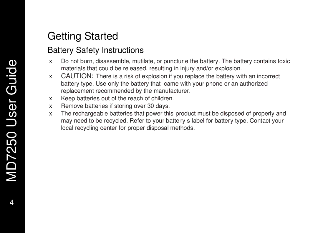 Motorola MD7250 manual Getting Started, Battery Safety Instructions 