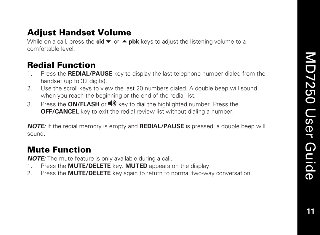 Motorola MD7250 manual Adjust Handset Volume, Redial Function, Mute Function 