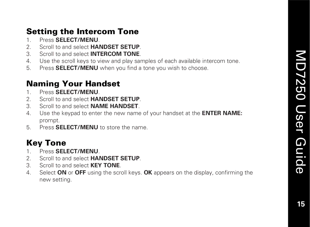 Motorola MD7250 manual Setting the Intercom Tone, Naming Your Handset, Key Tone 