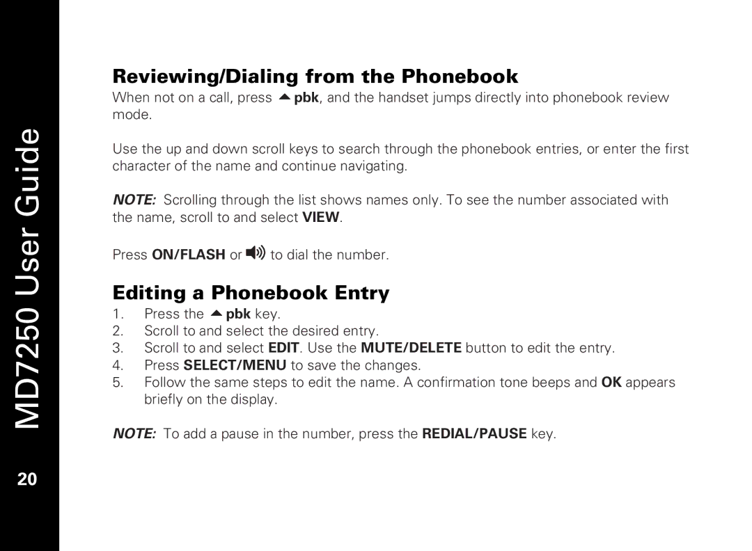 Motorola MD7250 manual Reviewing/Dialing from the Phonebook, Editing a Phonebook Entry 