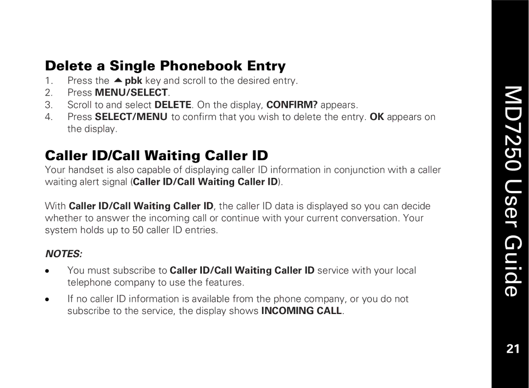 Motorola MD7250 manual Delete a Single Phonebook Entry, Caller ID/Call Waiting Caller ID 