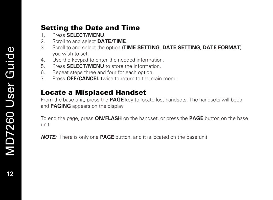 Motorola MD7260 manual Setting the Date and Time, Locate a Misplaced Handset 