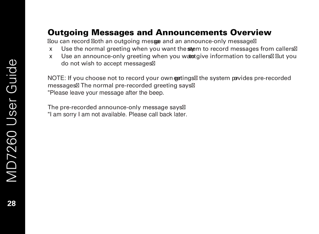 Motorola MD7260 manual Outgoing Messages and Announcements Overview 