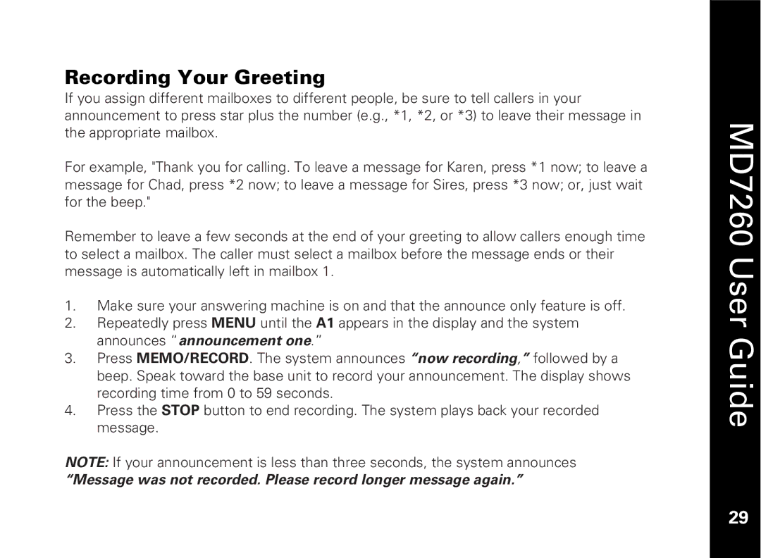 Motorola MD7260 manual Recording Your Greeting 