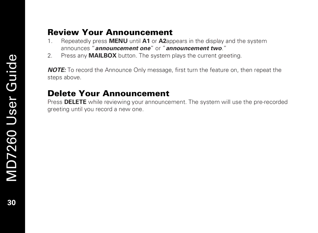 Motorola MD7260 manual Review Your Announcement, Delete Your Announcement 